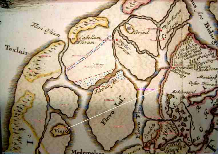 Het Vlie rond 1200 met daarin aangegeven Monnikesloot en Holkema sloot en hedendaagse afsluitdijk                                                           Klik voor vergroting