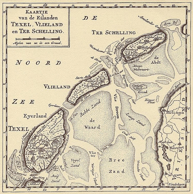 De wadden Texel ,Vlieland,Terschelling en de Friese kust anno 1750