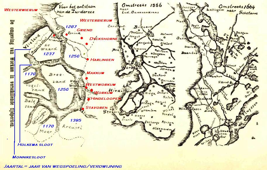 Het Vlie rond 1200 met daarin aangegeven Monnikesloot en Holkema sloot en hedendaagse afsluitdijk